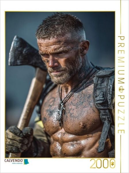 CALVENDO Puzzle Heißer Feuerwehrmann mit Axt und nacktem Oberkörper | 2000 Teile Lege-Größe 90x67cm Foto-Puzzle für glückliche Stunden