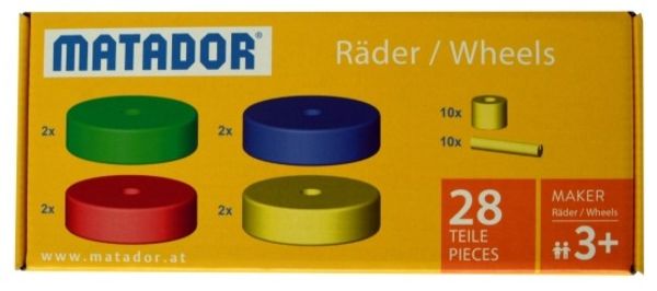 MATADOR 21240 - Maker Räder-Set, 28 Teile, Baukasten-Erweiterung, 28 Teile, Holz, Konstruktionsbaukasten, ab 3 Jahren, Spielend lernen!