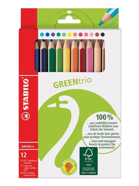 STABILO Umweltfreundlicher Dreikant-Buntstift - GREENtrio - 12er Pack - mit 12 verschiedenen Farben