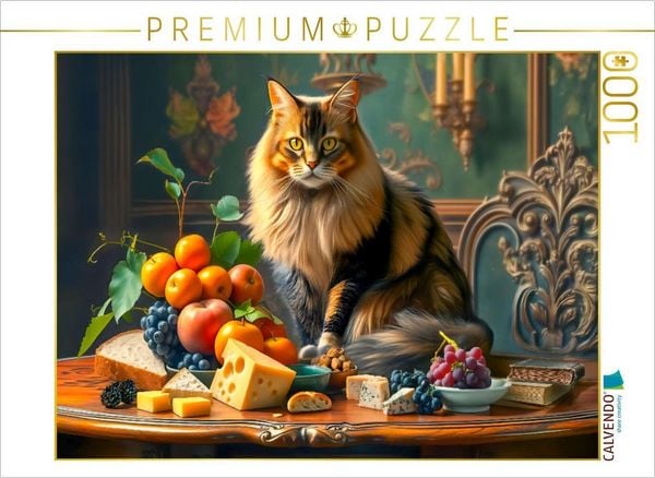 CALVENDO Puzzle Katzenidylle mit Obst und Käse | 1000 Teile Lege-Größe 64x48cm Foto-Puzzle für glückliche Stunden