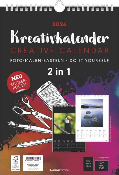 Kreativ-Kalender A4 - 2 in 1: schwarz und weiss 2026 - 21 x 29,7 - Foto, Malen, Basteln - datiert - Kreativkalender - Foto-Kalender - Alpha Edition