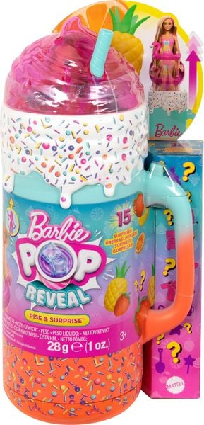 Barbie Pop Reveal Rise & Surprise Geschenkset mit parfümierter Puppe, parfümiertem Squishy-Tier und vielem mehr, mehr als 15 Überraschungen