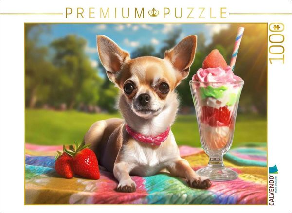 CALVENDO Puzzle Chihuahua liegt auf einer bunten Decke im Park, vor sich einen großen leckeren Eisbecher | 1000 Teile Lege-Größe 64x48cm Foto-Puzzle f
