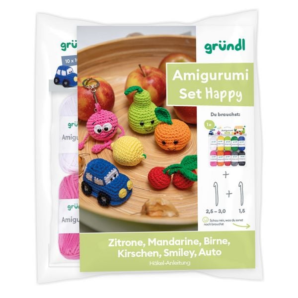 Gründl Amigurumi Häkel Set Happy: 10 Knäuel, Häkelnadel 2,5mm + 1,5mm, Anleitung