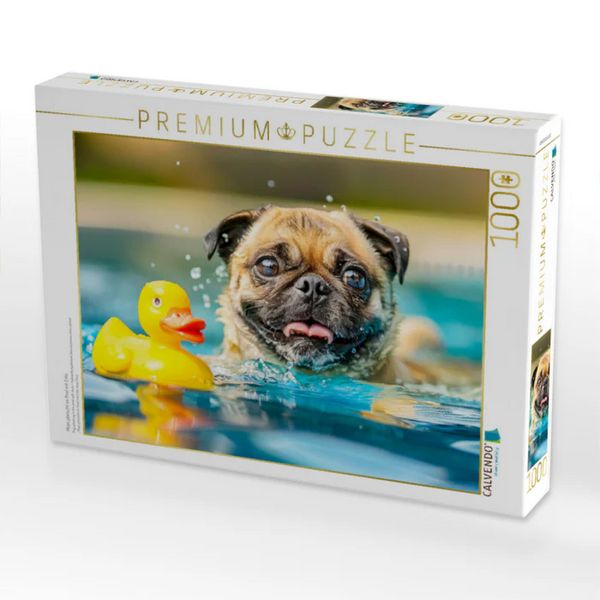 CALVENDO Puzzle Mops planscht im Pool mit Ente | 1000 Teile Lege-Größe 64x48cm Foto-Puzzle für glückliche Stunden