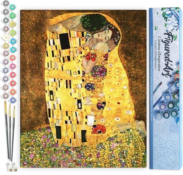 FiguredArt PN1023 - Malen nach Zahlen, Der Kuss Klimt, Leinwand 40x50cm ohne Rahmen, Malset, Paint by Numbers