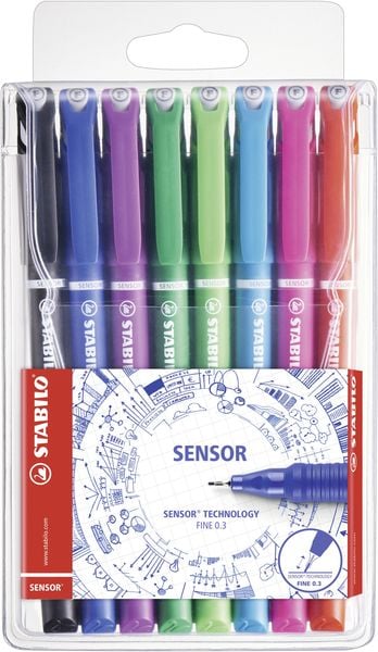 STABILO Fineliner mit gefederter Spitze - SENSOR F - fein - 8er Pack - mit 8 verschiedenen Farben