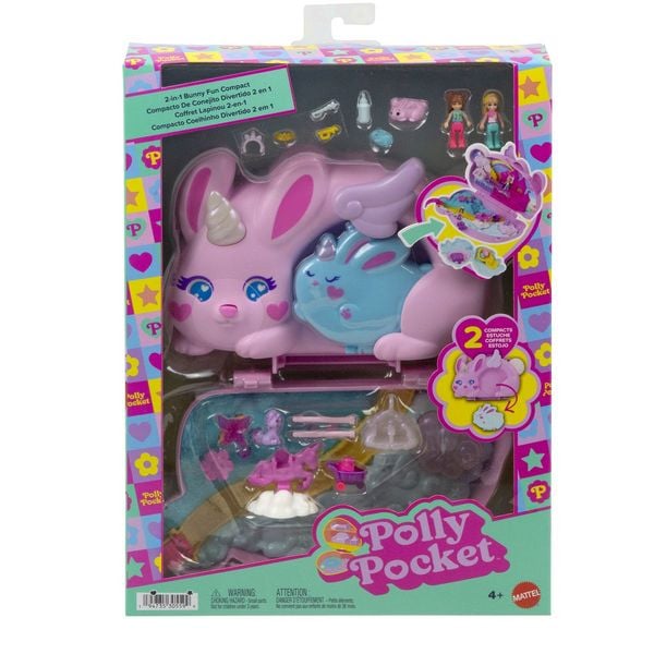 Polly Pocket 2-in-1-Bunny Fun Schatulle, tragbares Taschen-Spielset mit 2 Puppen und 12 Zubehörteilen inklusive Tieren
