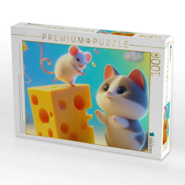 CALVENDO Puzzle Katz und Maus teilen sich ein großzügiges Stück Käse, ein seltenes Bild der Harmonie in der Tierwelt | 1000 Teile Lege-Größe 64x48cm F
