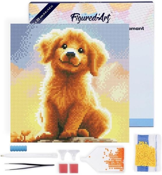 FiguredArt DP-SFA185-Y - Mini Diamond Painting, Süßer Golden Retriever Welpe, Leinwand-Keilrahmen (25x25cm), DIY Bastelset