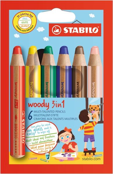 STABILO Buntstift, Wasserfarbe & Wachsmalkreide - woody 3 in 1 - 6er Pack - mit 6 verschiedenen Farben