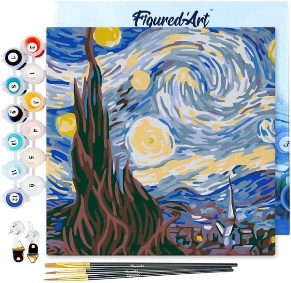 FiguredArt SFA089-Y - Mini Malen nach Zahlen, Van Gogh - Sternennacht, Leinwand-Keilrahmen 20x20cm, DIY Bastelset, Paint by Numbers