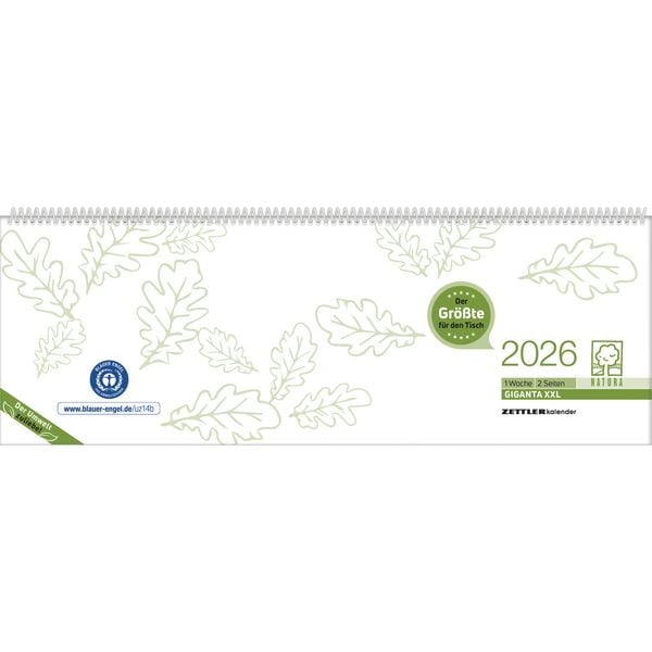 Tischquerkalender Giganta XXL Recycling 2026 - 42,2x14,8 cm - 1 Woche auf 2 Seiten - Bürokalender - Stundeneinteilung 7 - 22 Uhr - 126-0700