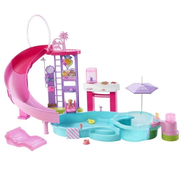 Barbie Traumpool Spielset mit Rutsche und schäumendem Whirlpool sowie über 20 Zubehörteilen wie Haustier, Schwimmringe und mehr