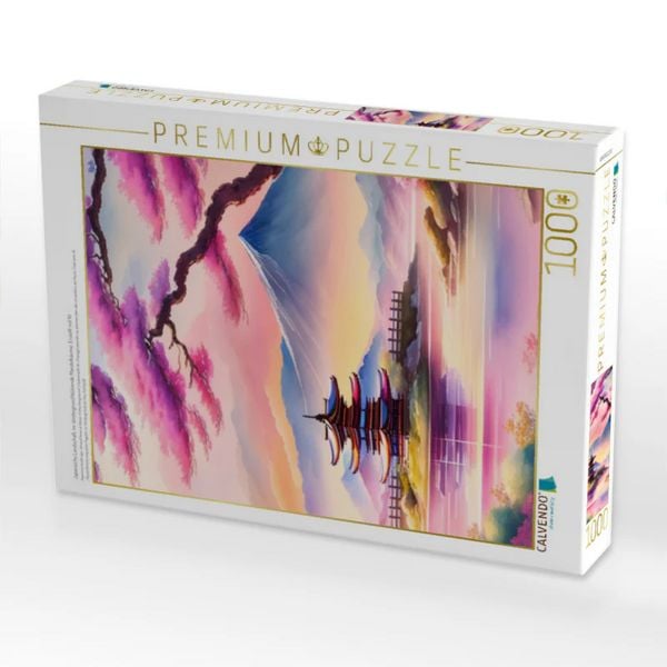 CALVENDO Puzzle Japanische Landschaft, im Vordergrund blühende Mandelbäume. Erstellt mit KI | 1000 Teile Lege-Größe 64x48cm Foto-Puzzle für glückliche