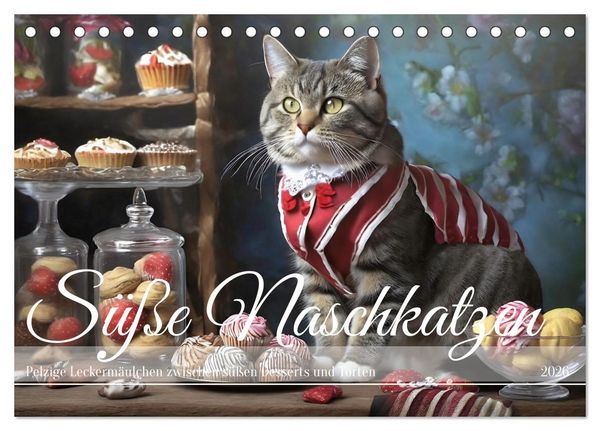 Süße Naschkatzen - Pelzige Leckermäulchen zwischen süßen Desserts und Torten (Tischkalender 2026 DIN A5 quer), CALVENDO Monatskalender