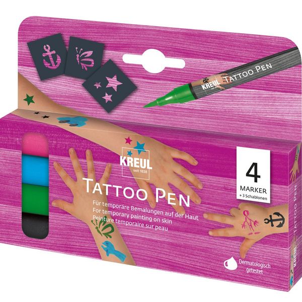 KREUL TattooPen Set 4 Marker mit 3 Schablonen 7 Teile Kartonetui