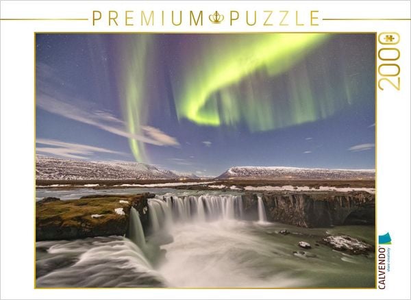 CALVENDO Puzzle Nordlicht über dem Godafoss Wasserfall in Island | 2000 Teile Lege-Größe 90x67cm Foto-Puzzle für glückliche Stunden