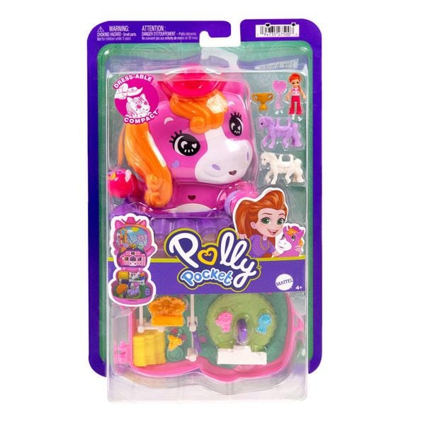 Polly Pocket Pony-Rodeo, Spielset mit 1 kleinen Puppe und Pferdchen, Spielzeug für unterwegs mit Zubehör für Mode und Essen