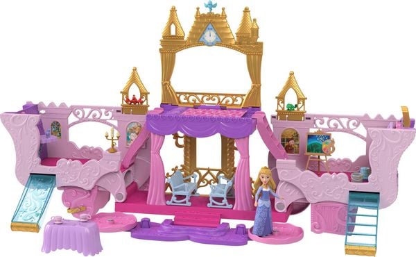 Disney Prinzessin Verwandlungs-Spielset Kutsche zu Schloss mit kleiner Aurora-Puppe, 4 Figuren und 3 Ebenen