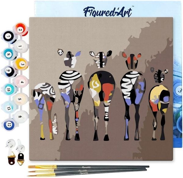 FiguredArt SFA090-Y - Mini Malen nach Zahlen, Zebras von Hinten, Leinwand-Keilrahmen 20x20cm, DIY Bastelset, Paint by Numbers