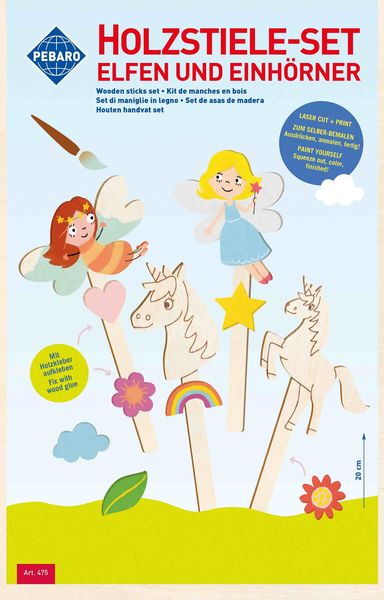 PEBARO 475 - Holzstiele-Set Elfen und Einhörner, 11-teilig, Laser cut Deko-Stecker, Bastelset