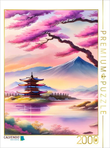 CALVENDO Puzzle Japanische Landschaft, im Vordergrund blühende Mandelbäume. Erstellt mit KI | 2000 Teile Lege-Größe 90x67cm Foto-Puzzle für glückliche