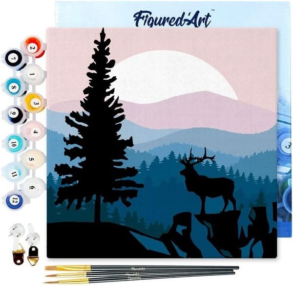 FiguredArt SFA009-Y - Mini Malen nach Zahlen, Majestätischer Hirsch und Landschaft, Leinwand-Keilrahmen 20x20cm, DIY Bastelset, Paint by Numbers