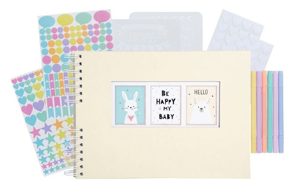 Scrapbooking-Set, Fotoalbum mit Spiralbindung, 50 Seiten weiß, 32x22 cm + Stifte, Sticker, Schablonen, Fotoecken