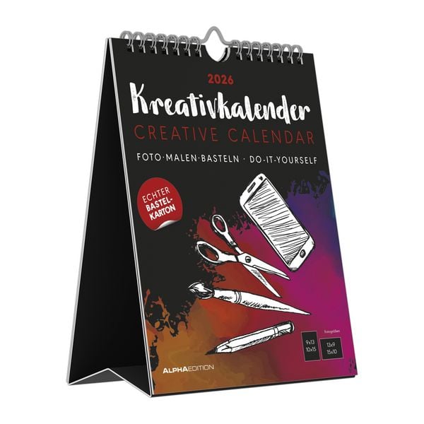 Kreativ-Kalender Tischaufsteller hoch schwarz 2026 - 16 x 20 - Foto, Malen, Basteln A4 - datiert - Kreativkalender - Foto-Kalender - Alpha Edition