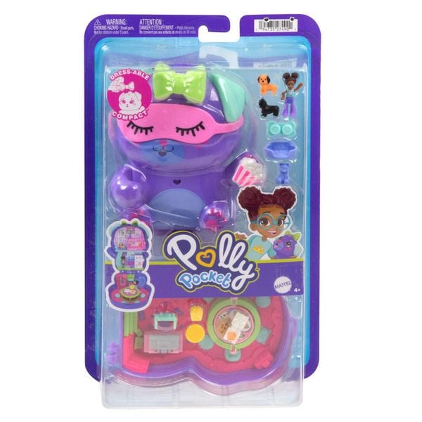 Polly Pocket Übernachtungsparty-Welpen-Spielset mit 1 kleinen Puppe und zwei Hündchen, Spielzeug für unterwegs mit Zubehör für Mode und Essen