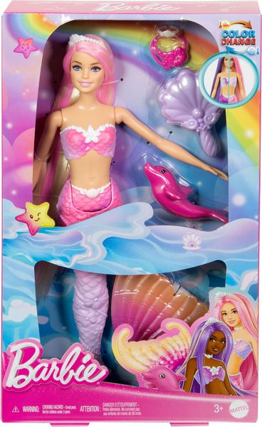 Barbie „Malibu“ Meerjungfrau-Puppe mit Farbwechseleffekt, Delfin und Accessoires