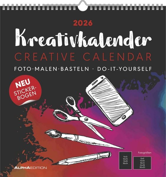 Kreativ-Kalender schwarz 2026 - 32 x 33 - Foto, Malen, Basteln - datiert - Kreativkalender - Foto-Kalender - Alpha Edition