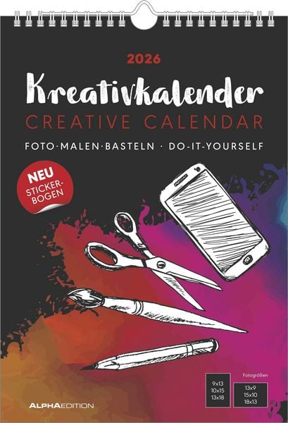 Kreativ-Kalender A4 schwarz 2026 - 21 x 29,7 - Foto, Malen, Basteln - datiert - Kreativkalender - Foto-Kalender - Alpha Edition