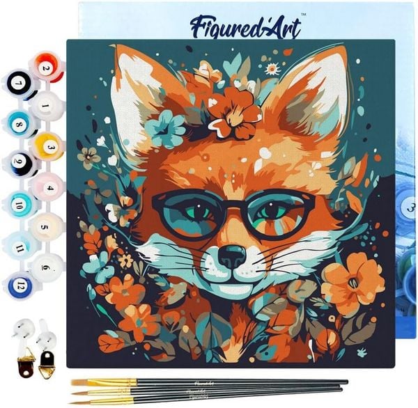 FiguredArt SFA109-Y - Mini Malen nach Zahlen, Fantasie Fuchs mit Blumen, Leinwand-Keilrahmen 20x20cm, DIY Bastelset, Paint by Numbers