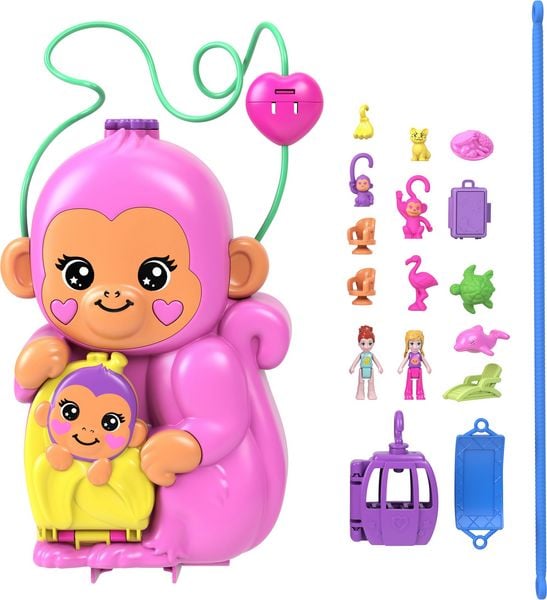 Polly Pocket Affenmama und Baby Spielset mit 2 kleinen Puppen, Haustieren und 13 Accessoires, 2-in-1 Tasche und Spielzeug