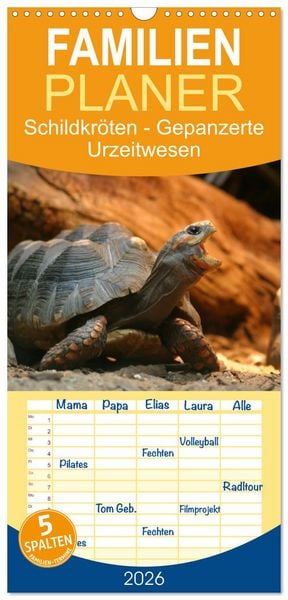 Familienplaner 2026 - Schildkröten - Gepanzerte Urzeitwesen mit 5 Spalten (Wandkalender, 21 x 45 cm) CALVENDO