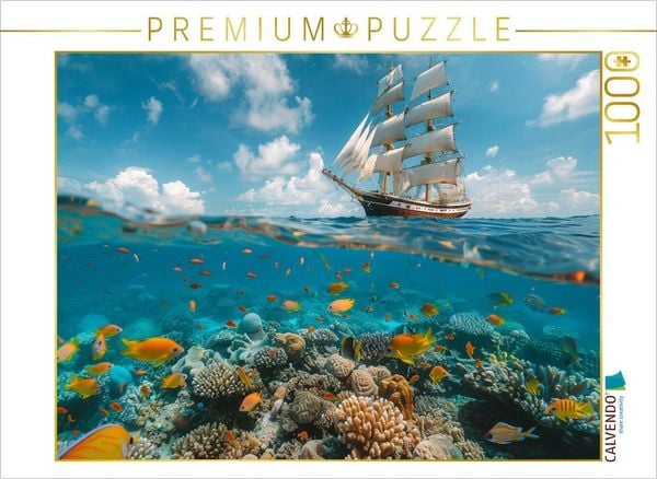 CALVENDO Puzzle Oben und unten - Segelschiff und Korallen mit Fischen | 1000 Teile Lege-Größe 64x48cm Foto-Puzzle für glückliche Stunden