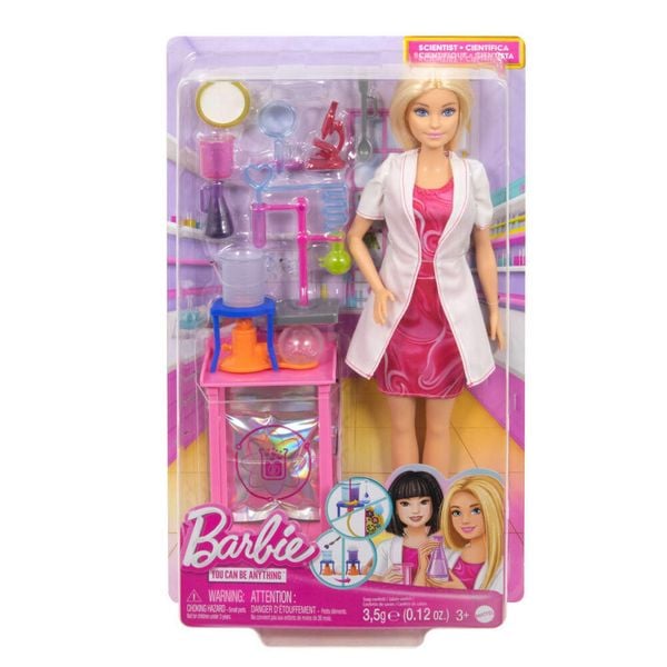 Barbie Wissenschaftlerin-Puppe und Zubehör mit blonder Modepuppe, Labortisch und Farbwechsel-Zubehör