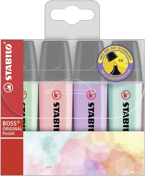 STABILO Textmarker - BOSS ORIGINAL Pastel - 4er Pack - Hauch von Minzgrün, rosiges Rouge, Schimmer von Lila, zartes Türkis