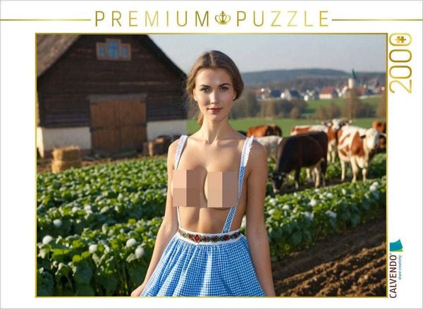 CALVENDO Puzzle Barbusige Bäuerin im Dirndl auf Bauernhof mit Kühen | 2000 Teile Lege-Größe 90x67cm Foto-Puzzle für glückliche Stunden