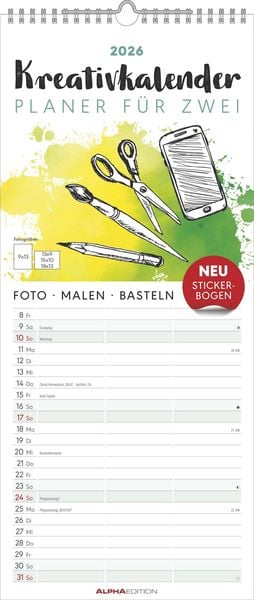 Kreativ-Kalender Planer für 2 2026 - 3 Spalten - 19,5x45 cm - Foto, Malen, Basteln - datiert - Kreativkalender - Foto-Kalender - Alpha Edition