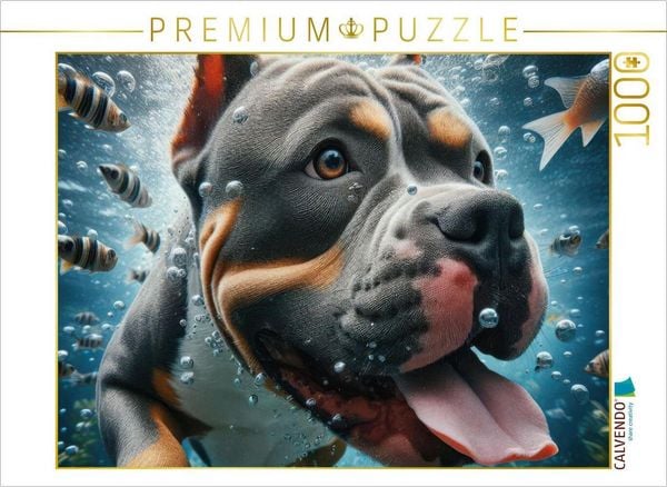 CALVENDO Puzzle American Stafford Terrier taucht mit Fischen | 1000 Teile Lege-Größe 64x48cm Foto-Puzzle für glückliche Stunden