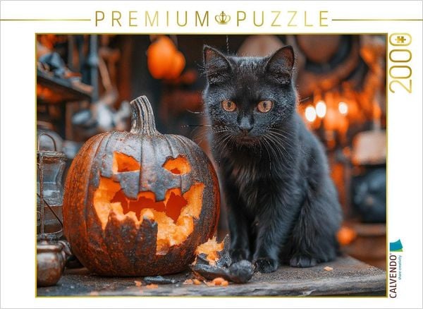 CALVENDO Puzzle Schwarze süße Katze und Halloween-Kürbis im Kerzenschein | 2000 Teile Lege-Größe 90x67cm Foto-Puzzle für glückliche Stunden