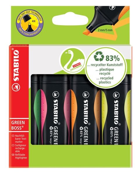 STABILO Umweltfreundlicher Textmarker - GREEN BOSS - 4er Pack - grün, rosa, orange, gelb