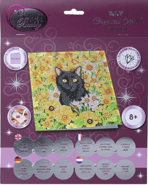 Craft Buddy CCK-A103 - Crystal Art Card Kit, Cat Among the Flowers, Katze, 18x18cm, Kristall-Kunstkarte, Diamond Painting