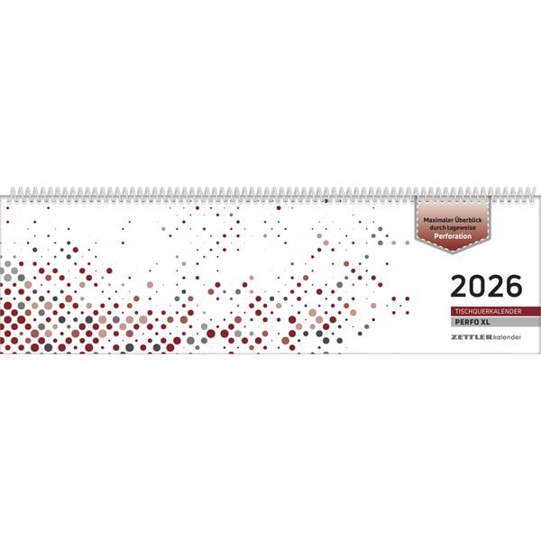 Tischquerkalender Perfo XL rot 2026 - 36,2x10,6 cm - 1 Woche auf 2 Seiten - Stundeneinteilung 7 - 20 Uhr - jeder Tag einzeln abtrennbar - 136-0013