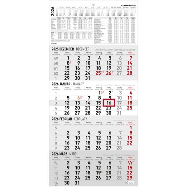 4-Monatskalender 2026 - Büro-Kalender 30x49 cm (geöffnet)