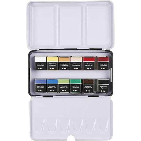 Creativ Company Aquarellkästen Art Aqua Aquarellfarbe, Standard-Farben, Halbwannen, Größe 10x15x20 mm, 12 Farben, Kreativ Box