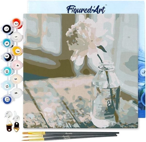 FiguredArt SFA085-Y - Mini Malen nach Zahlen, Weiße Blume, Leinwand-Keilrahmen 20x20cm, DIY Bastelset, Paint by Numbers